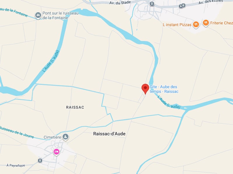 Gîte Aube des temps Raissac: localisation près du canal de l'Aude. Localisation du Gîte Aube des temps (Raissac) sur une carte, à l'est du village de Raissac-d'Aude, longeant le canal L'Aude (L'Auda).