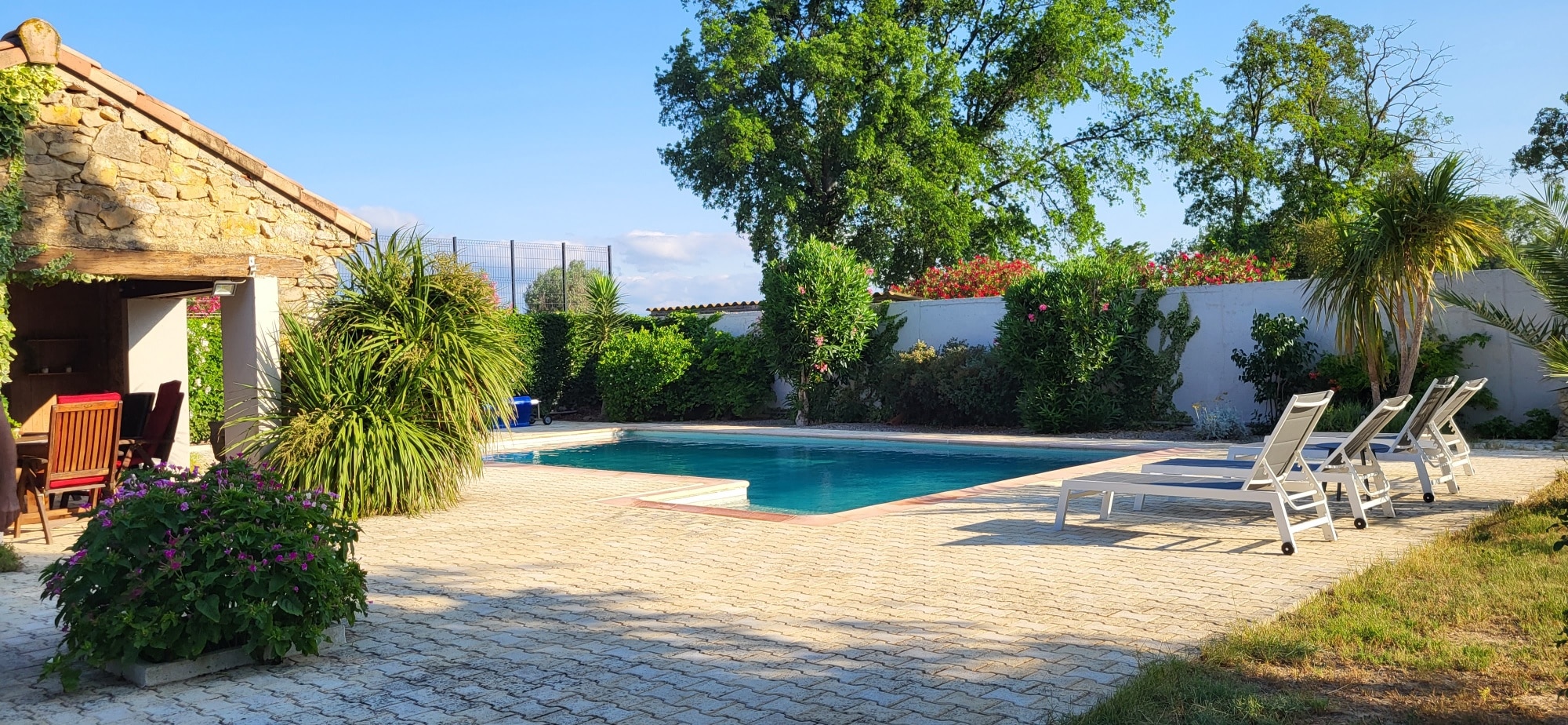 Piscine extérieure turquoise avec quatre chaises longues sur une terrasse pavée beige, bordée de palmiers et d'un pool house en pierre.