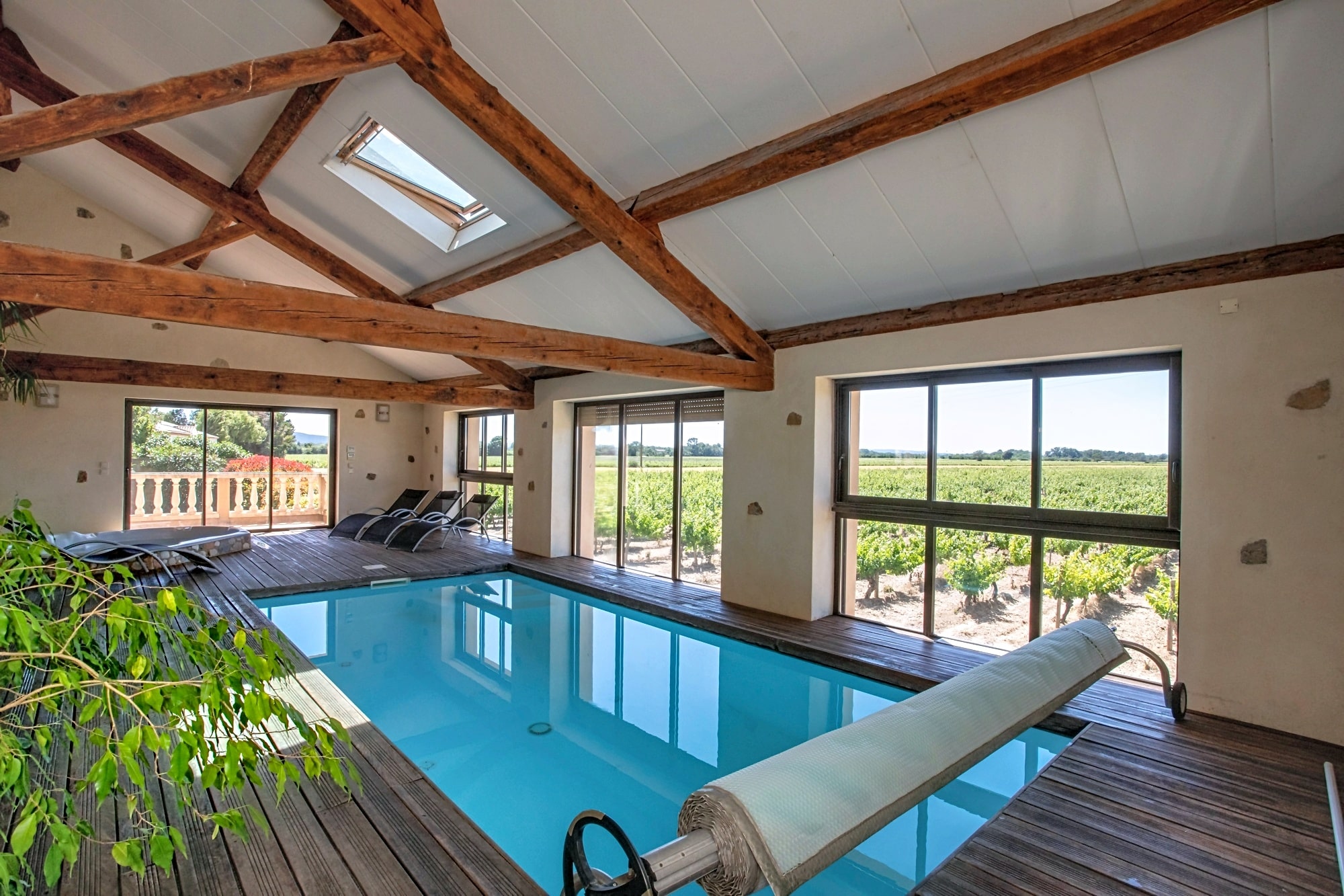 Piscine intérieure avec terrasse en bois et poutres apparentes offrant une vue panoramique sur un vignoble ensoleillé.